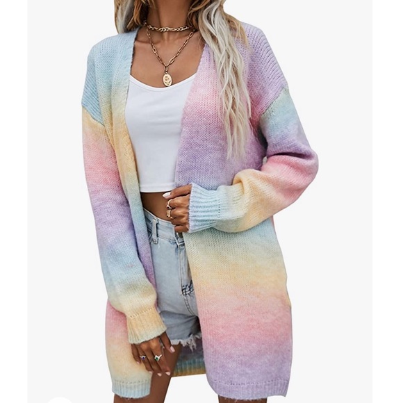 ECOWISH Womens Cardigan Striped Long Sleeve Open Front Casual Knit Sweater - Picture 2 of 7